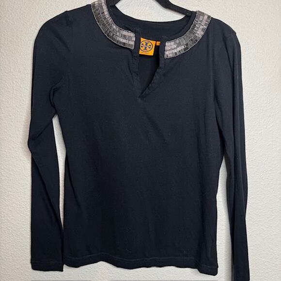 Tory Burch Tops - Tory Burch Black Long Sleeve V-Neck Beaded Collar Top Sz X-Small
